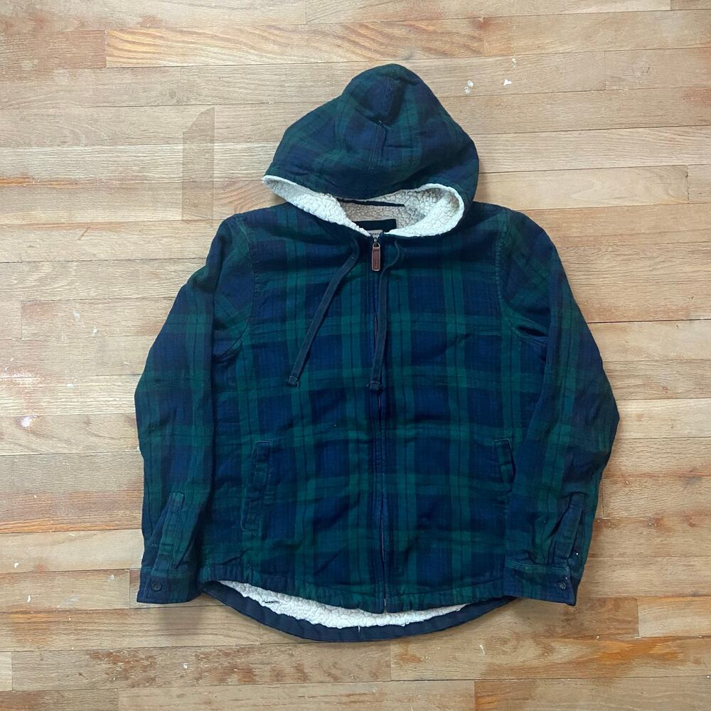 Women's L.L.Bean Scotch Green Plaid Flannel Sherpa-Lined Zip Hoodie Size Small